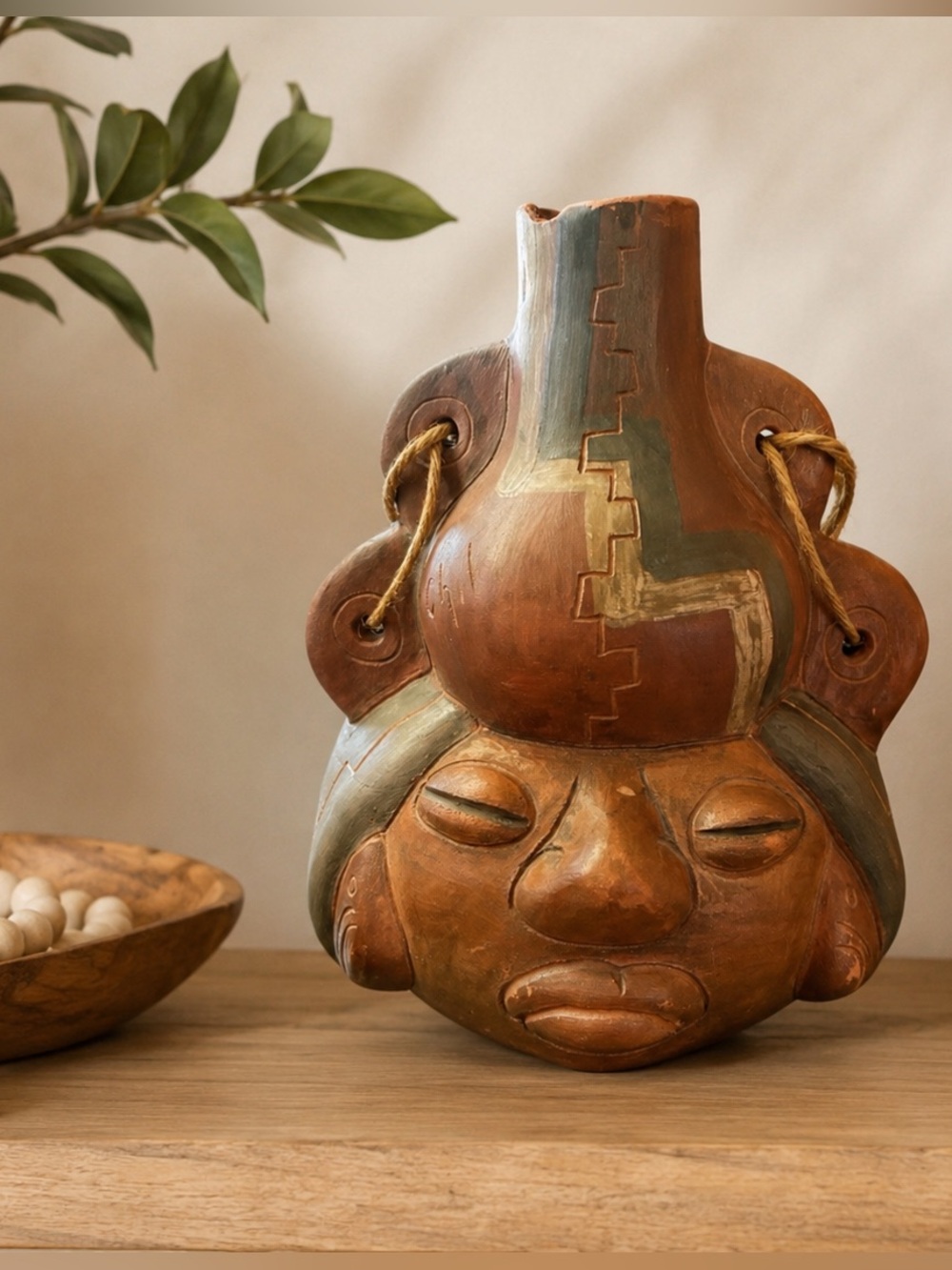 Vintage 1997 Handmade Chile Ceramic Face Sculpture Folk Art Wall Decor Brown